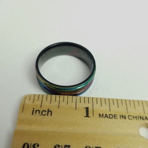 Vintage Rainbow Metallic Black Band Ring, Stacking, Size 11 - Picture 5 of 6